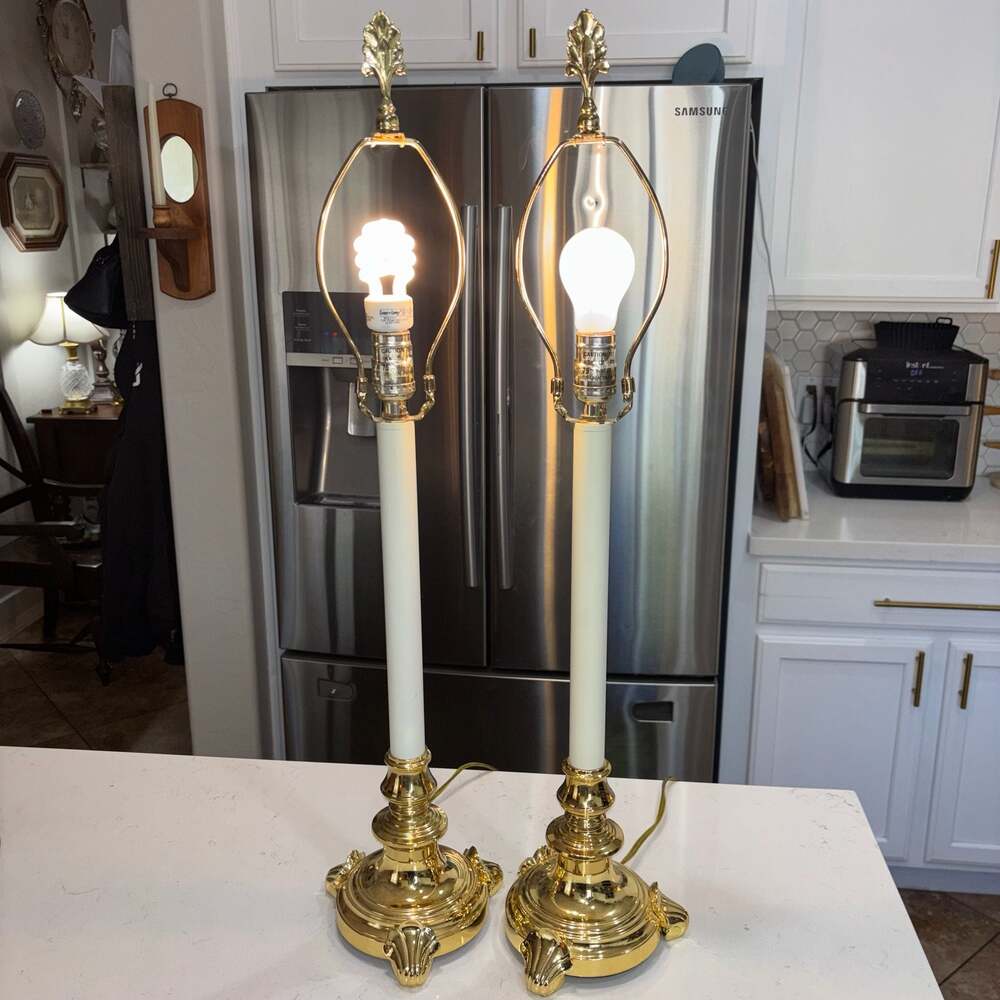Vintage Stiffel Brass Candlestick Table Lamp Pair with Ornate Finial